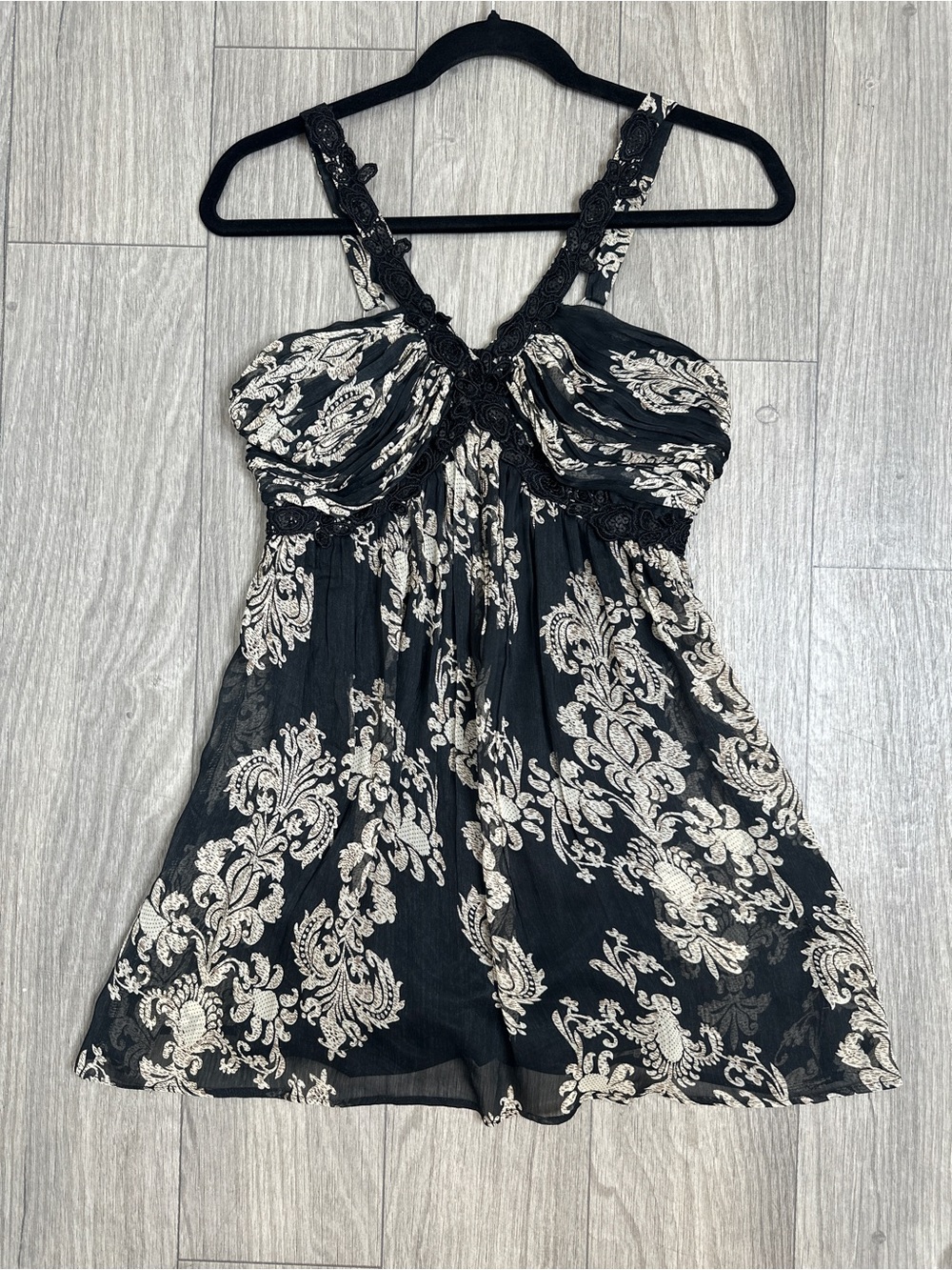 Verty Black Cream Damask Babydoll Tank Top | Lace Trim Empire Waist | Size S